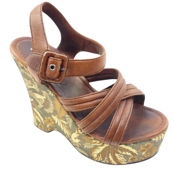 Miu Miu Women's Brown & Gold Jacquard Fabric & Leather Platform Wedge Sandals - Picture 6 of 11